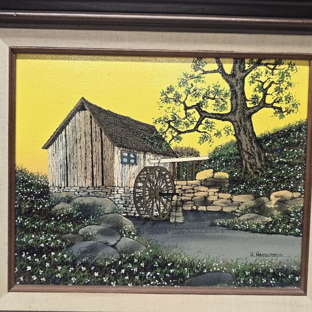 H Hargrove Original Oil Painting Set Lakehouse / Water Wheel Mill Vintage 1983